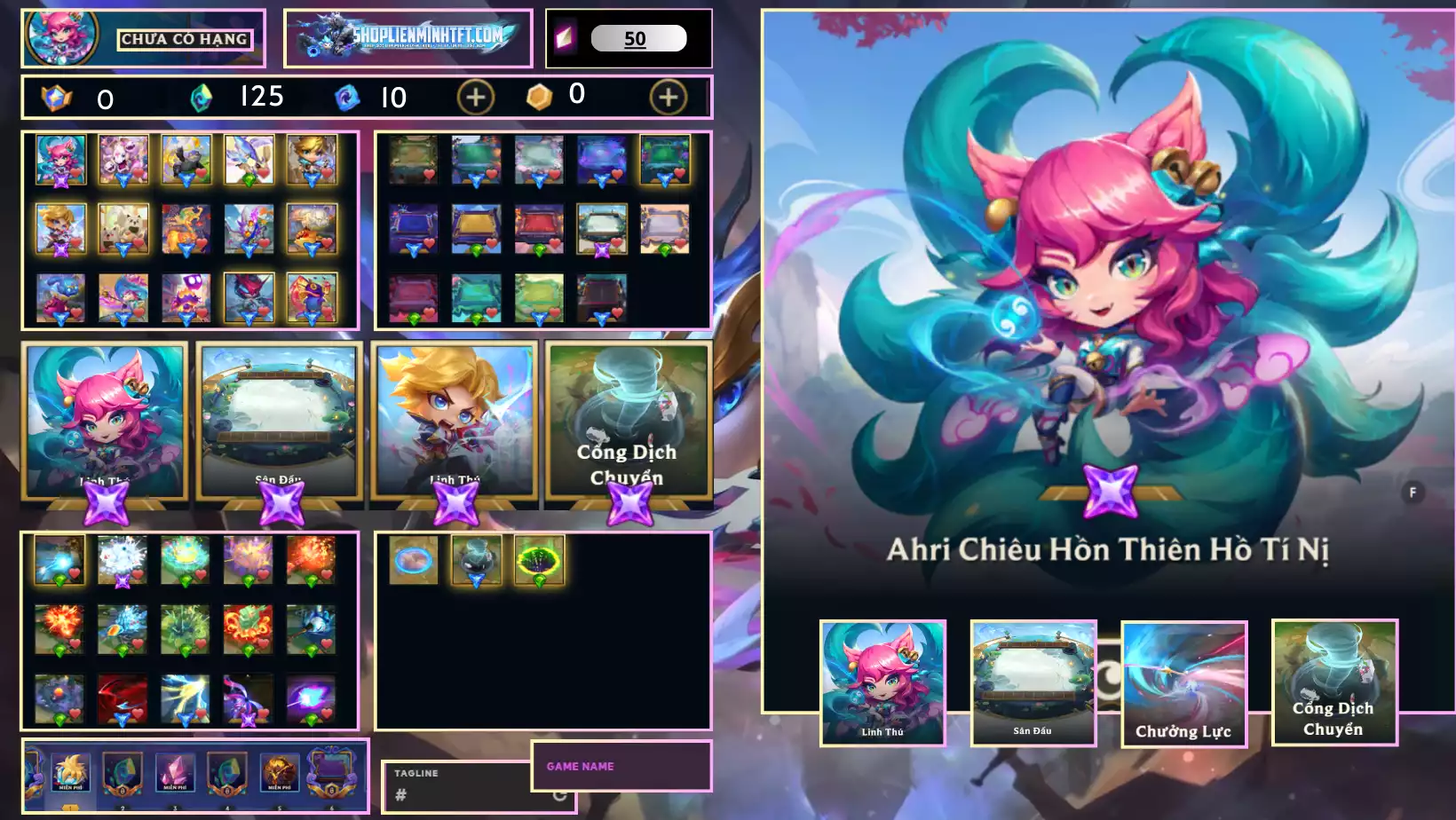 -Ahri Chiêu Hồn Thiên Hồ Tí Nị - Dư 0 Huy Chương  - 0 Vàng - 6 Tím - 1 Sàn Tím - Dư 125 Pha Lê - 2 Tí Nị Thường  - 8 Sàn Đỏ - Chưởng Lực Như Ảnh - Unlrank All - Còn Đổi Tên